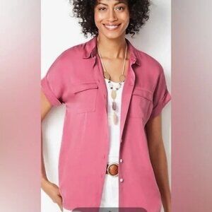 Size PM MP M petite J.Jill luxe camp shirt Pink Button up Short Sleeve modal Poc